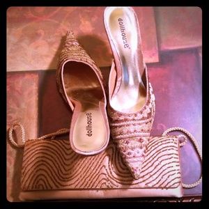 Shoes dollhouse gold with designs, gold purse